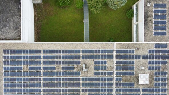 PV Anlage Typomedia in Hard von oben fotografiert